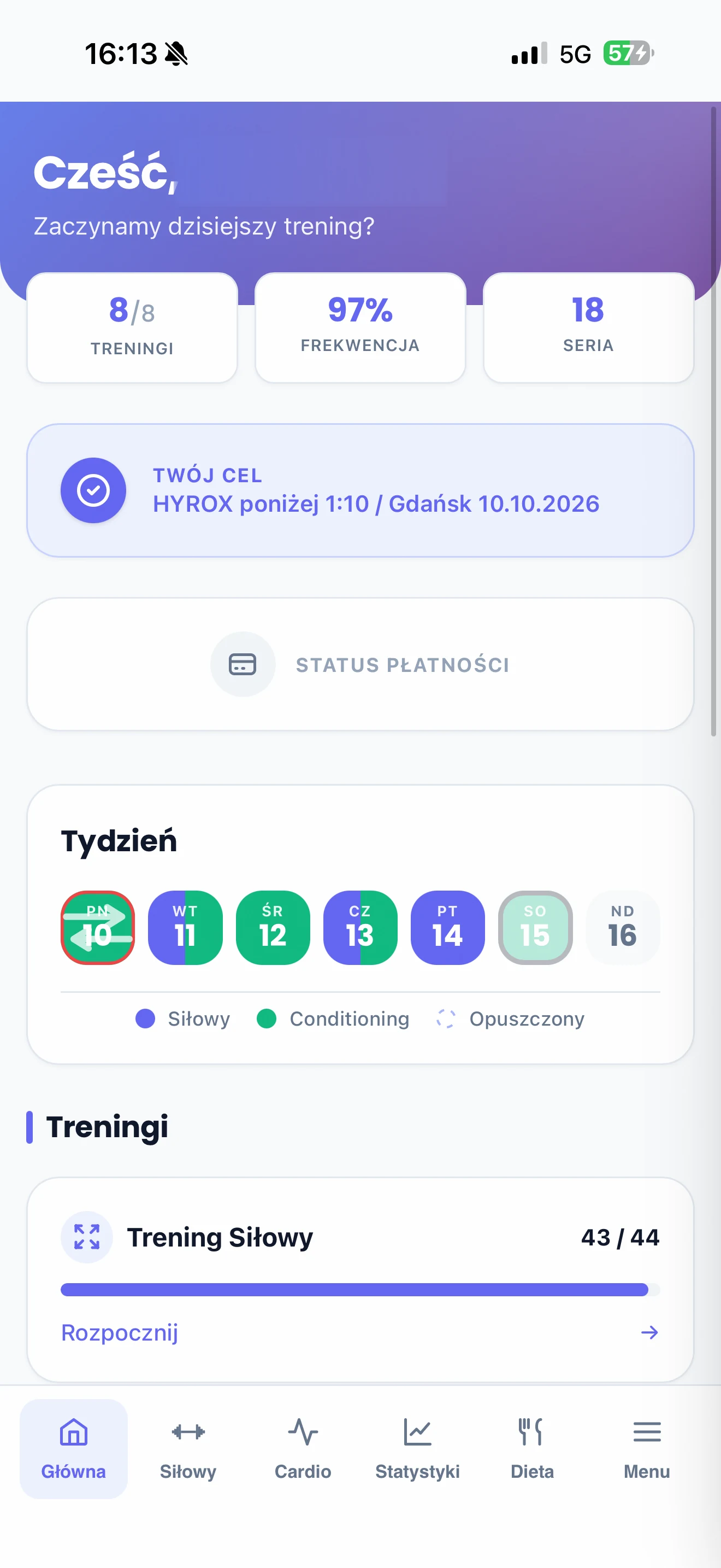 Aplikacja treningowa, wszystko na jednym ekranie